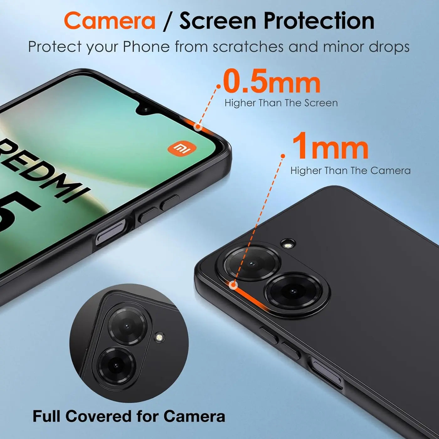 Schwarze Silikonhülle für Xiaomi Redmi 5, von vorne und hinten gezeigt, mit Kamera- und Bildschirmschutz.