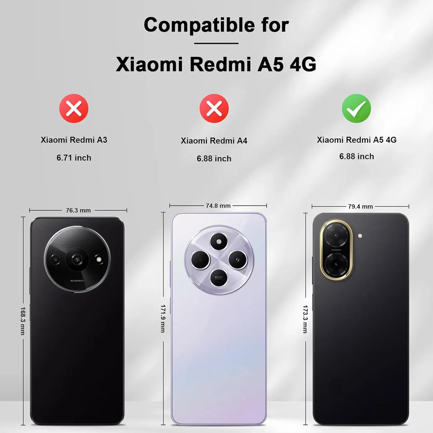 Drei Smartphones im Vergleich: Schwarz, Lila, Schwarz. Kompatibel mit Xiaomi Redmi A5 4G.
