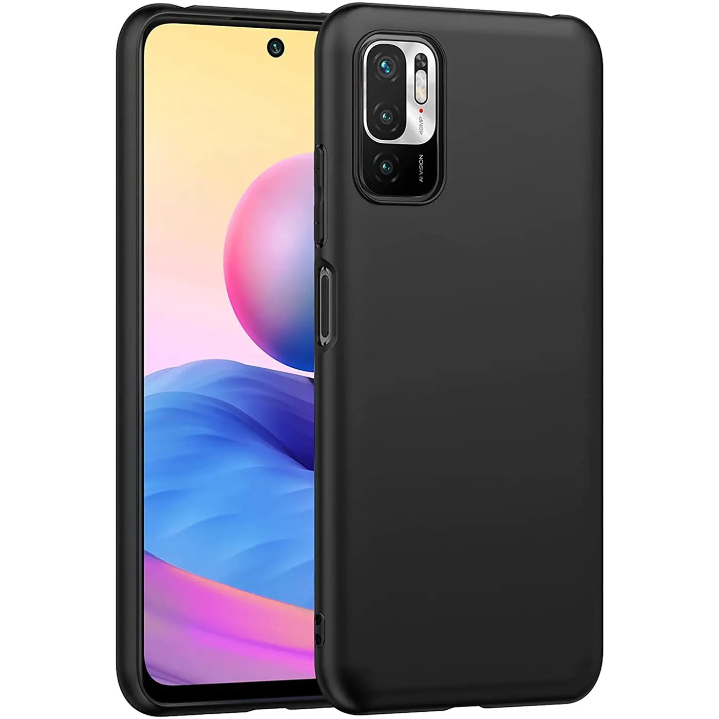 Schwarze Silikonhülle matt, von vorne/leicht schräg, zeigt Xiaomi Redmi Note 10 5G.