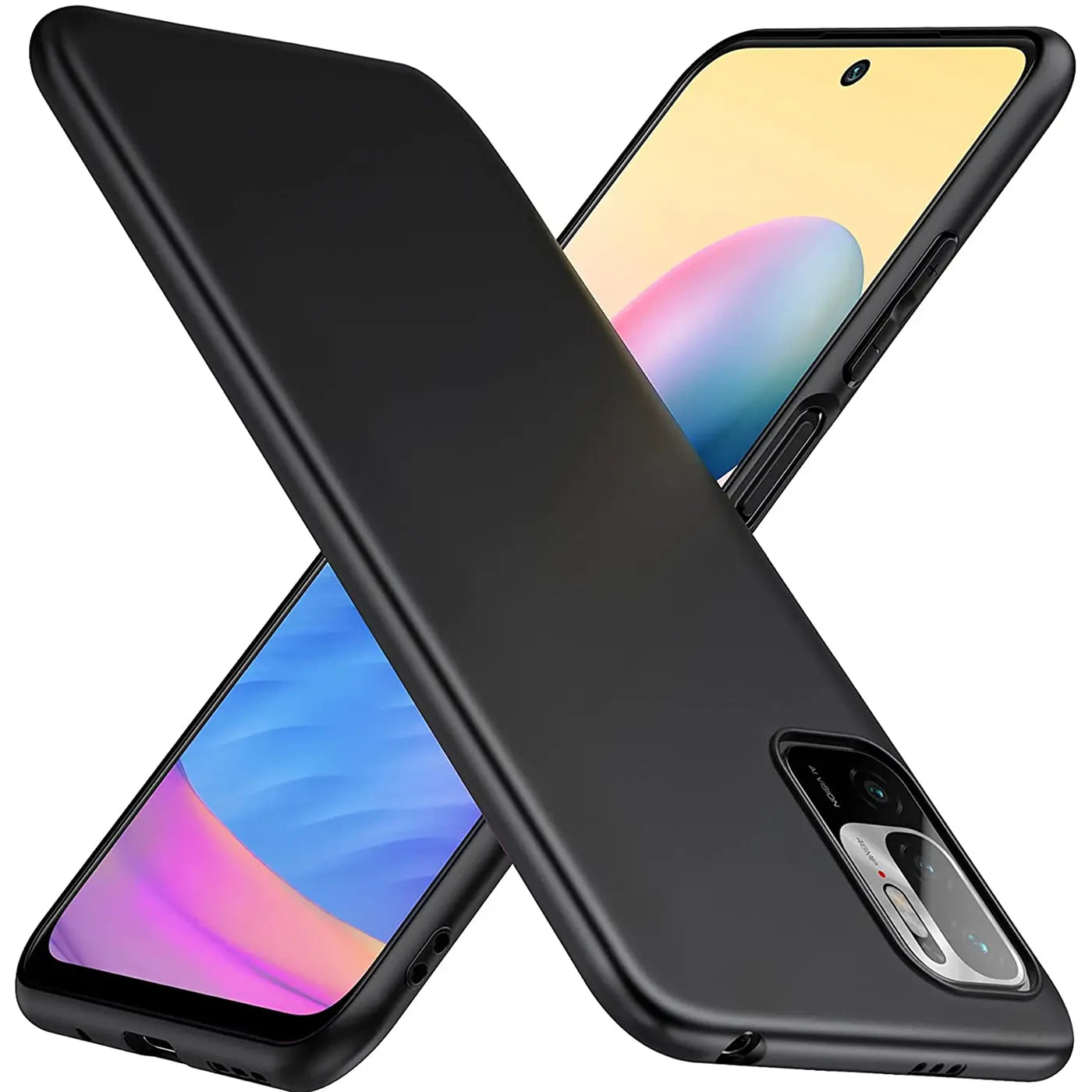 Schwarze Silikonhülle auf Xiaomi Redmi Note 10 5G, von schräg oben, matt.