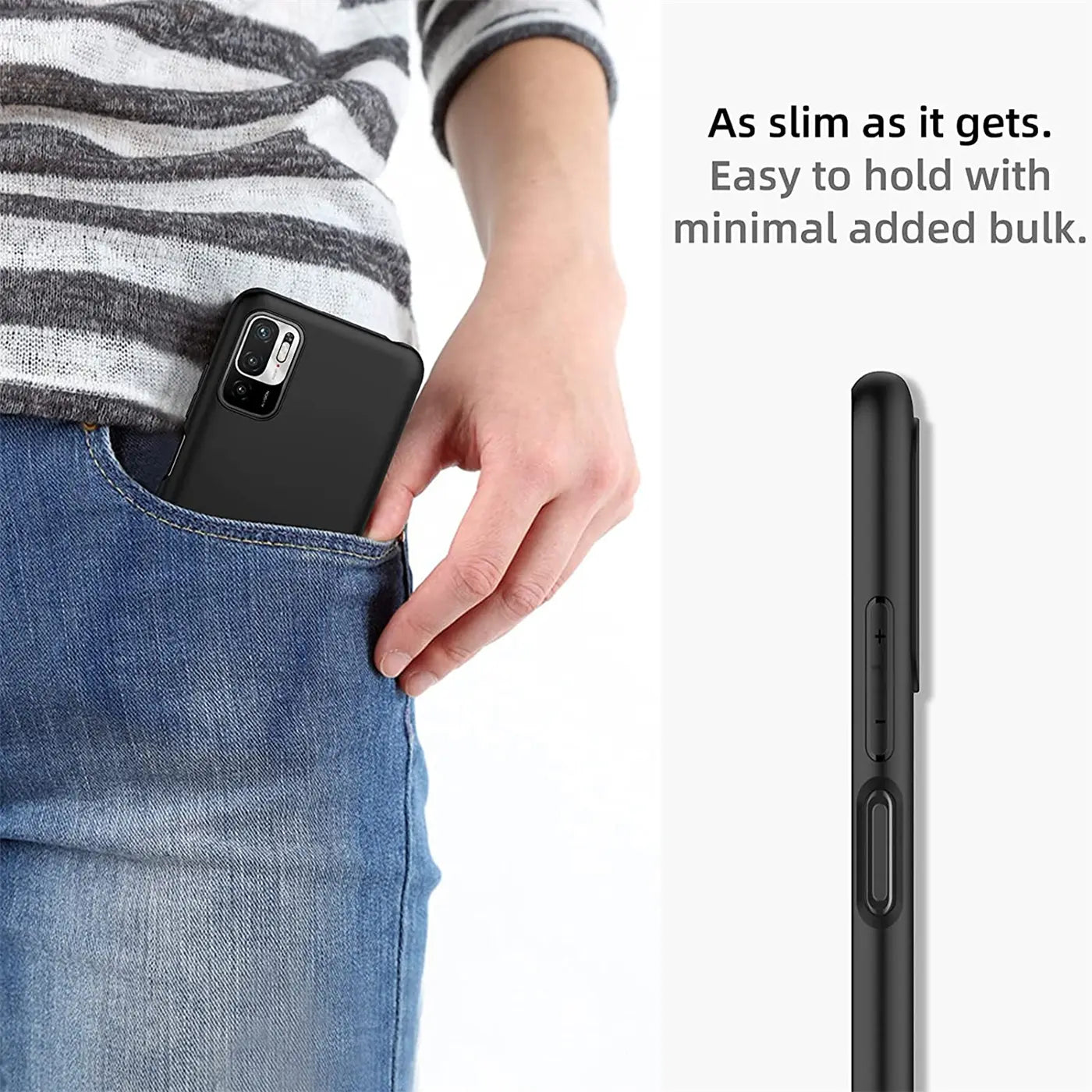 Schwarze Silikonhülle für Xiaomi Redmi Note 10 5G, seitliche Ansicht, matt.