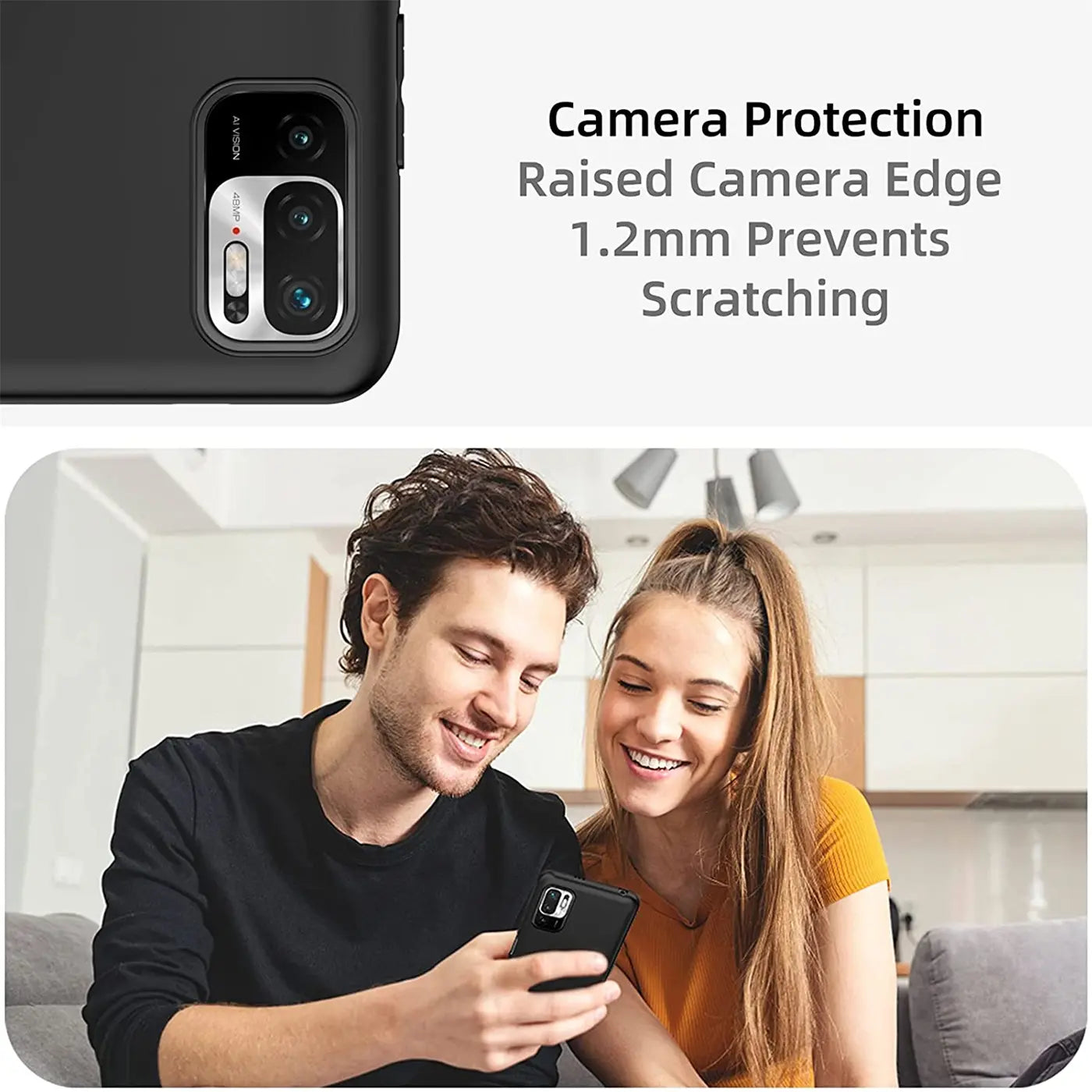 Schwarze Silikonhülle mit erhöhter Kante für Kamera eines Xiaomi Redmi Note 10 5G.