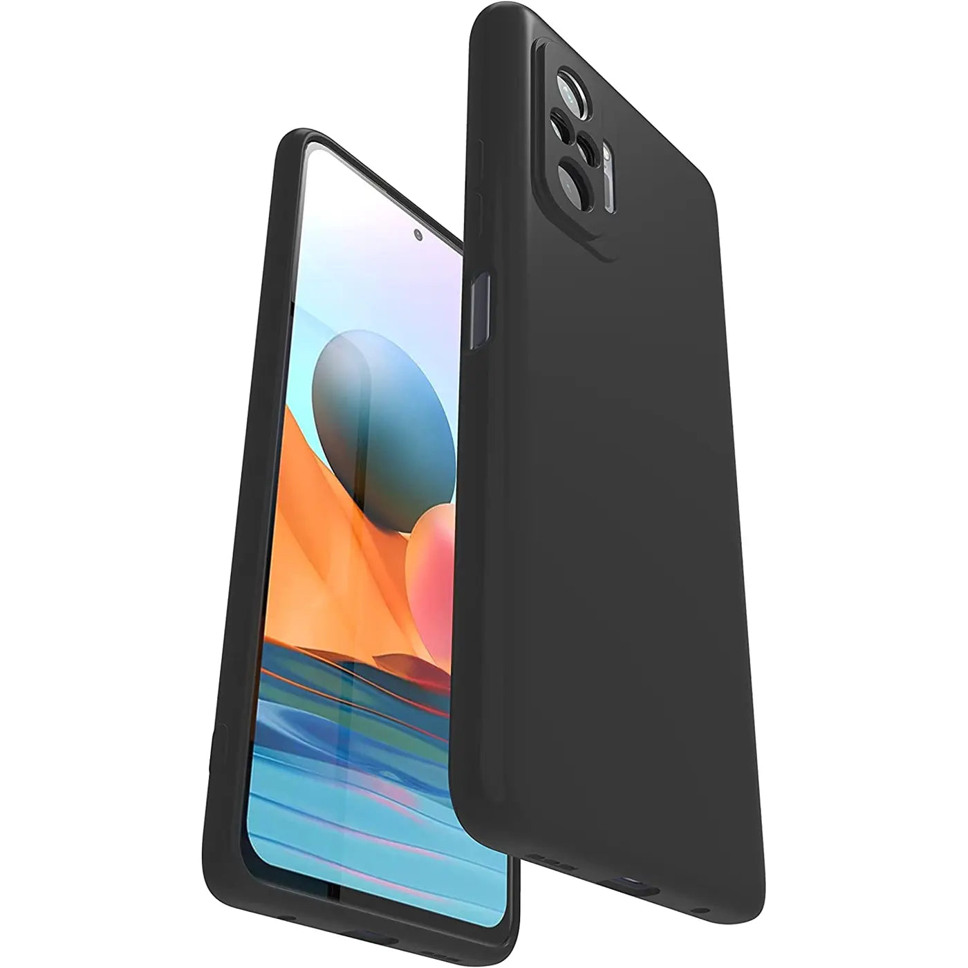 Schwarze Silikonhülle für Xiaomi Redmi Note 10 Pro, von vorne links gesehen.