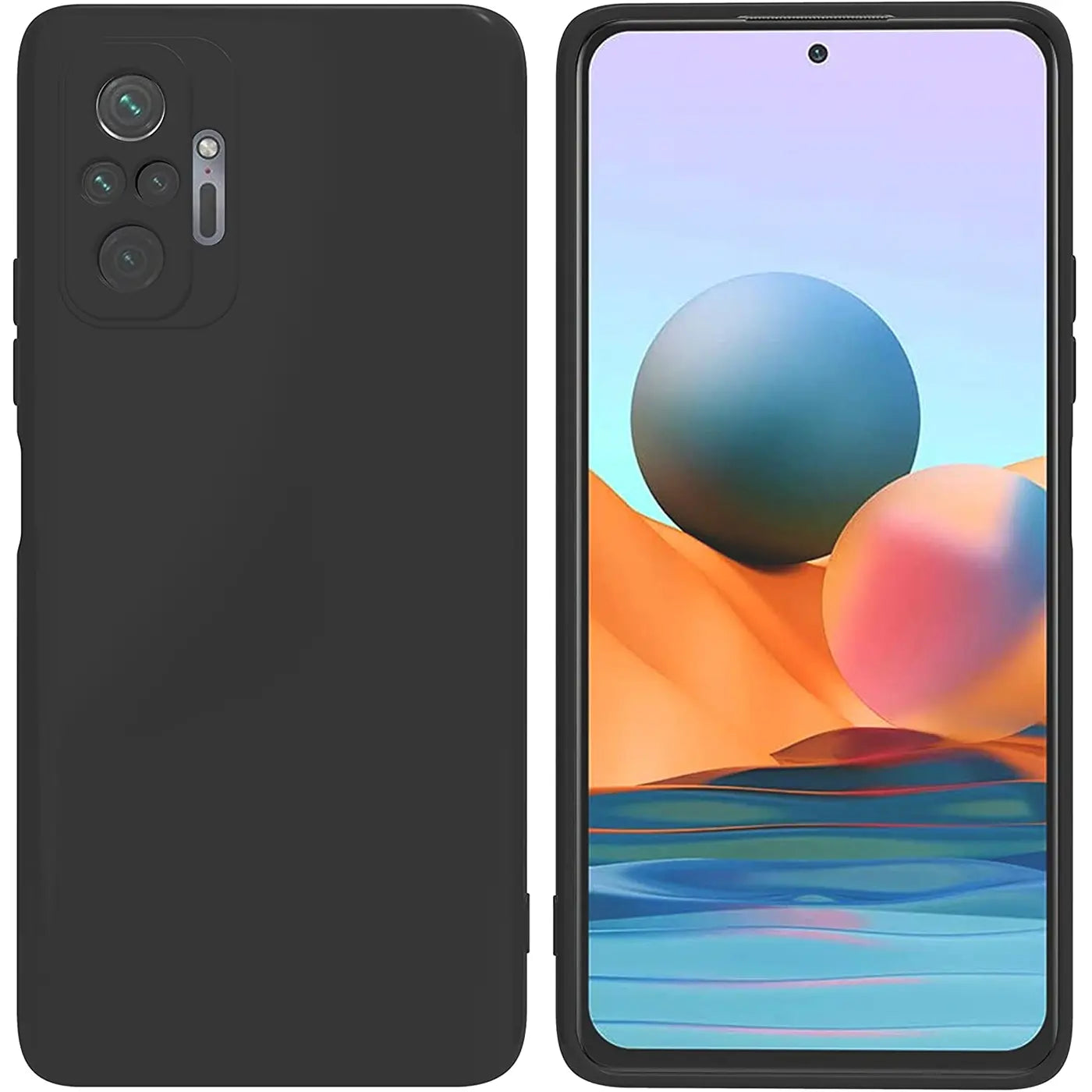 Schwarze Silikonhülle, Rückseite und Vorderseite eines Xiaomi Redmi Note 10 Pro.