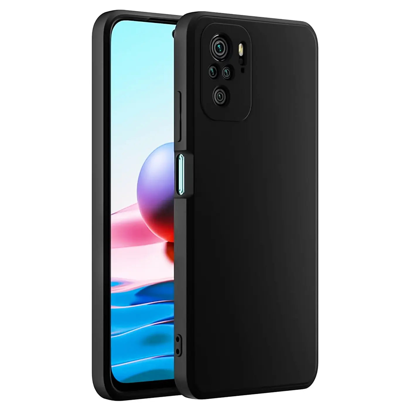 Schwarze, matte Silikonhülle für ein Xiaomi Redmi Note 10/10S, von schräg vorne gezeigt.