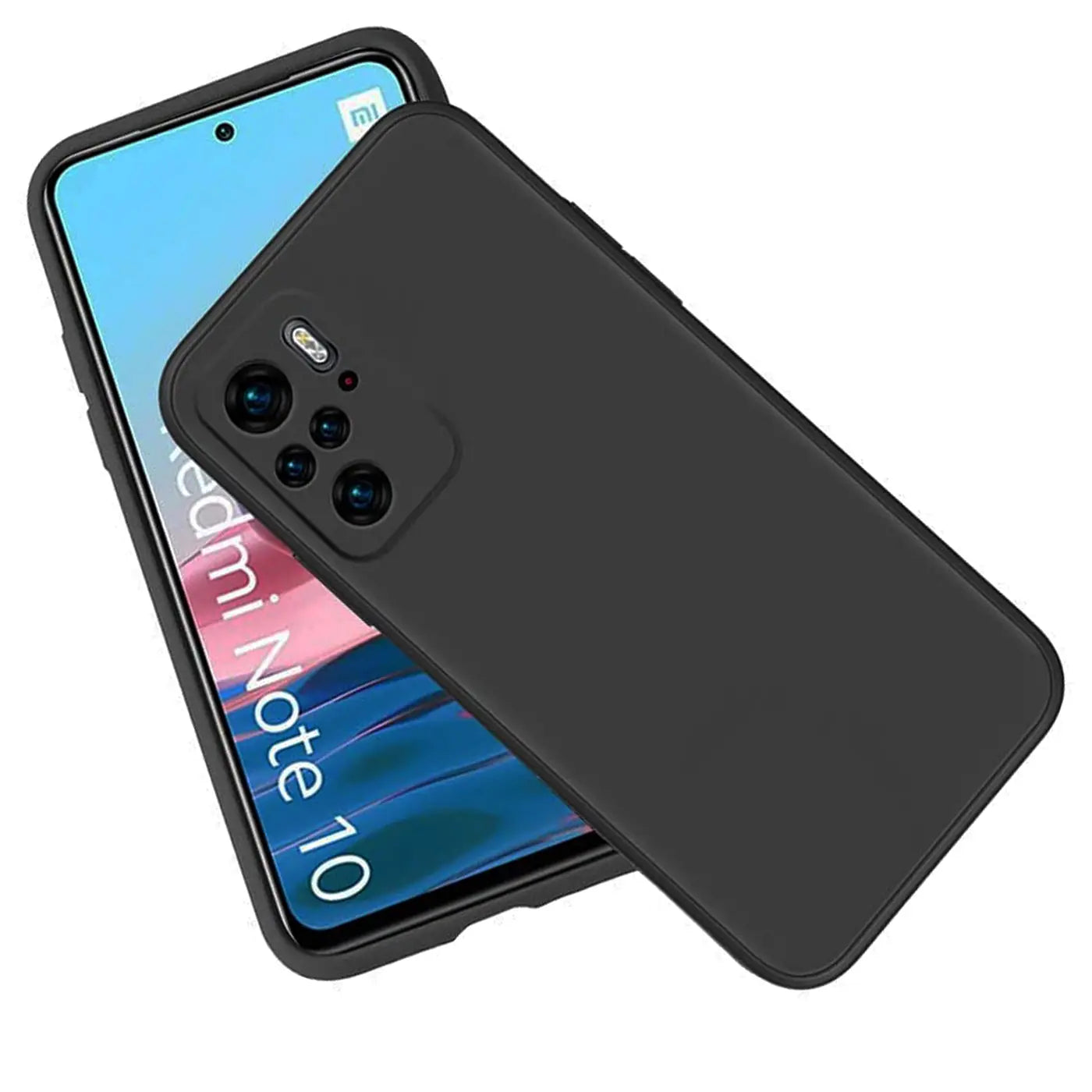 Schwarze matte Silikonhülle auf einem Xiaomi Redmi Note 10, von oben links betrachtet.