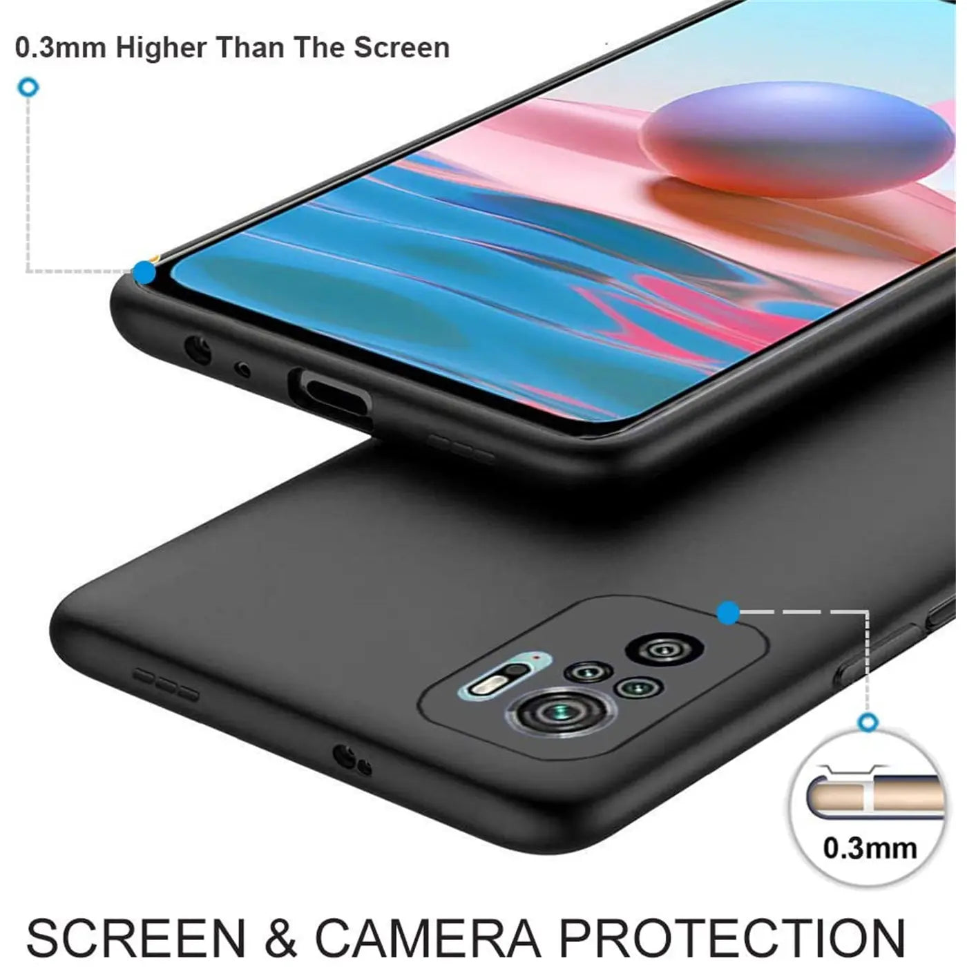 Schwarze Silikonhülle für Xiaomi Redmi Note 10/10S, von oben/hinten gezeigt.