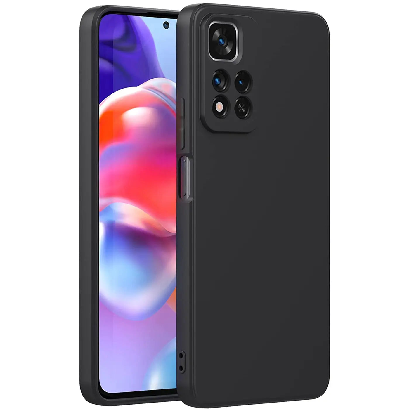 Schwarze matte Silikonhülle für Xiaomi Redmi Note 11 Pro+ 5G, von vorne links gezeigt.