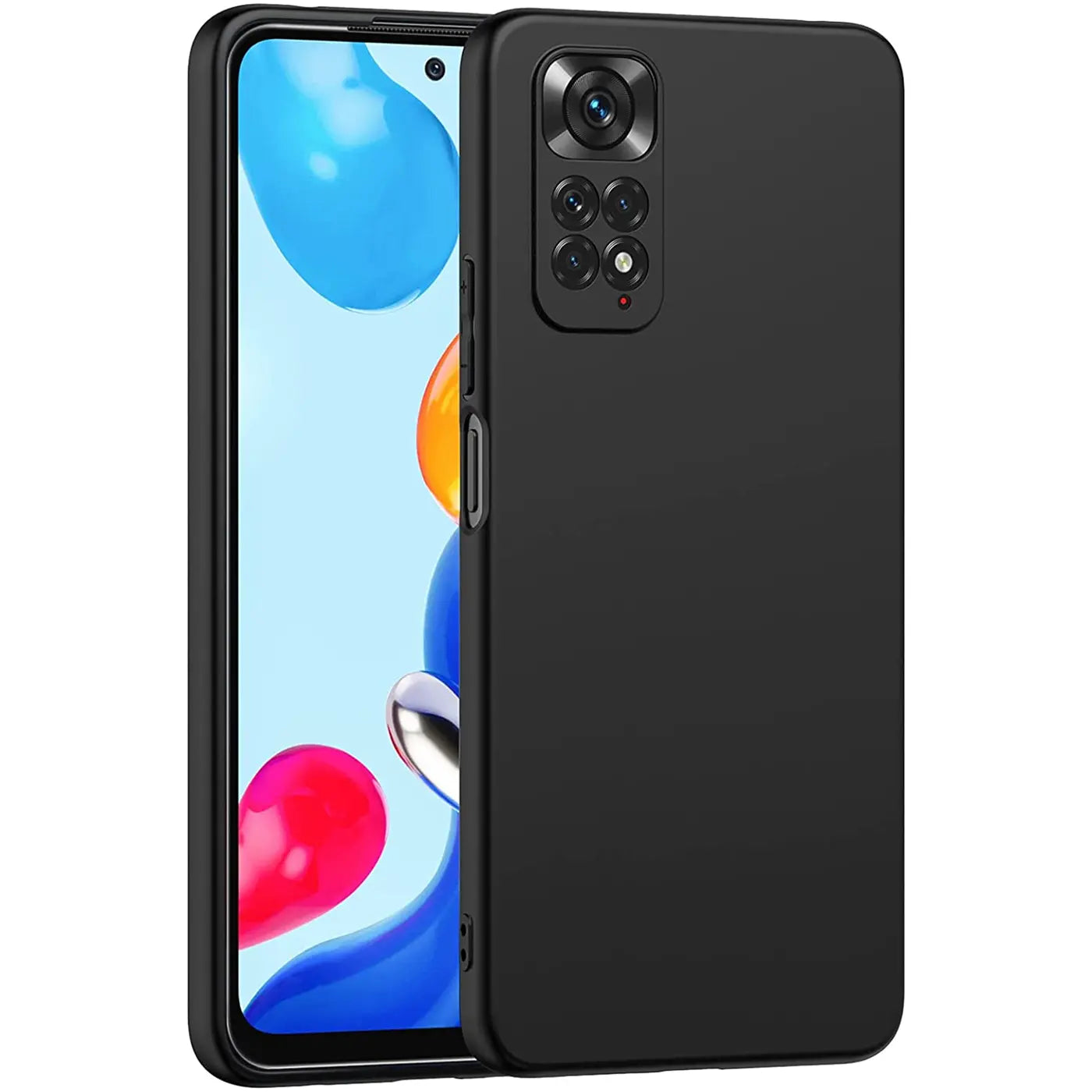Schwarze matte Silikonhülle für Xiaomi Redmi Note 11 Pro, von vorne links gezeigt.