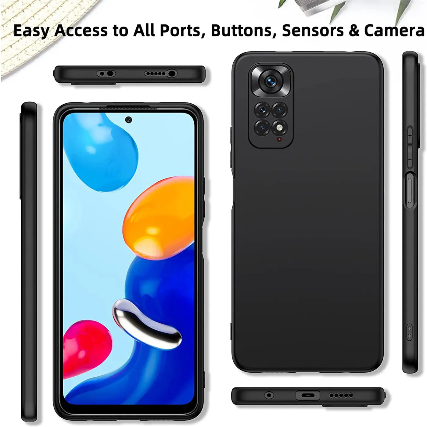 Schwarze Silikonhülle für Xiaomi Redmi Note 11 Pro, verschiedene Ansichten