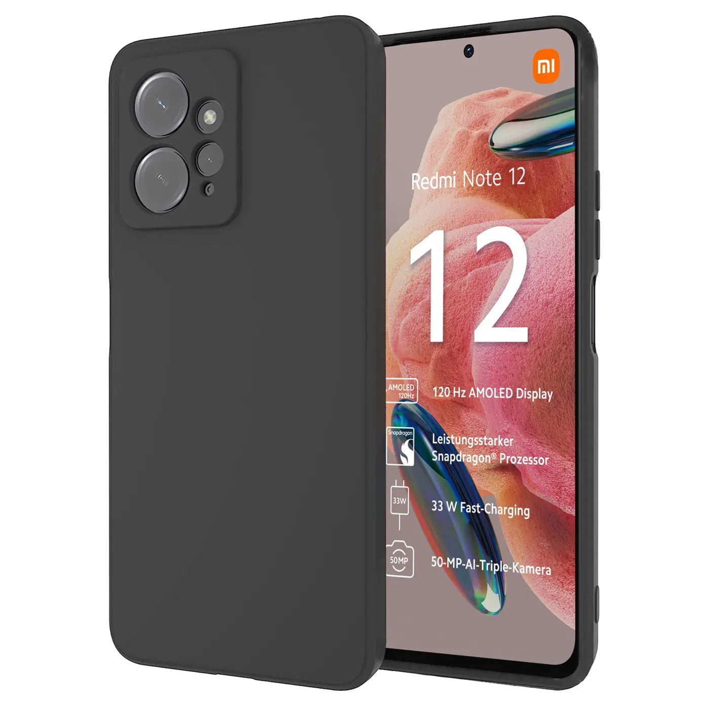 Schwarze Silikonhülle auf Xiaomi Redmi Note 12 4G, Rückansicht, matt