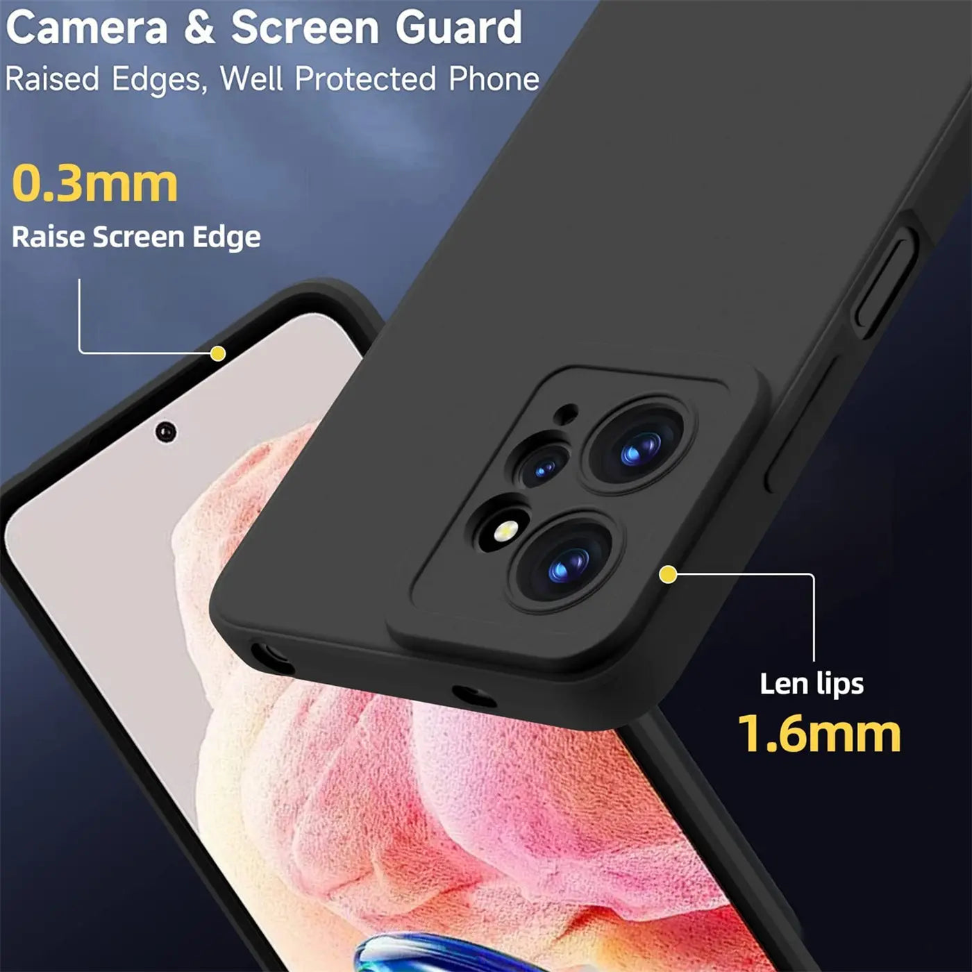 Schwarze matte Silikonhülle auf Xiaomi Redmi Note 12 4G, Nahaufnahme von hinten.