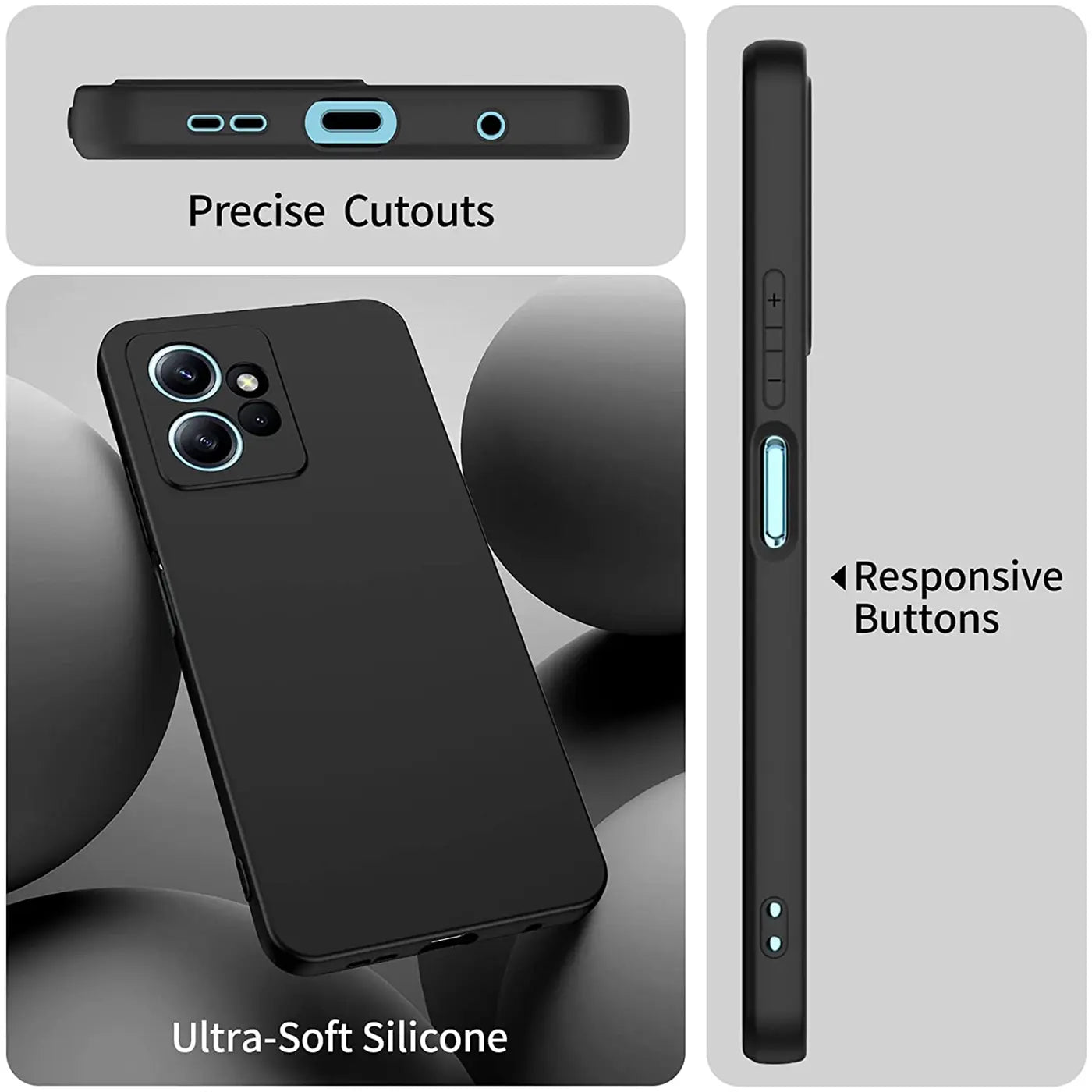 Schwarze matte Silikonhülle für Xiaomi Redmi Note 12 4G, von schräg vorne und Seite gezeigt.
