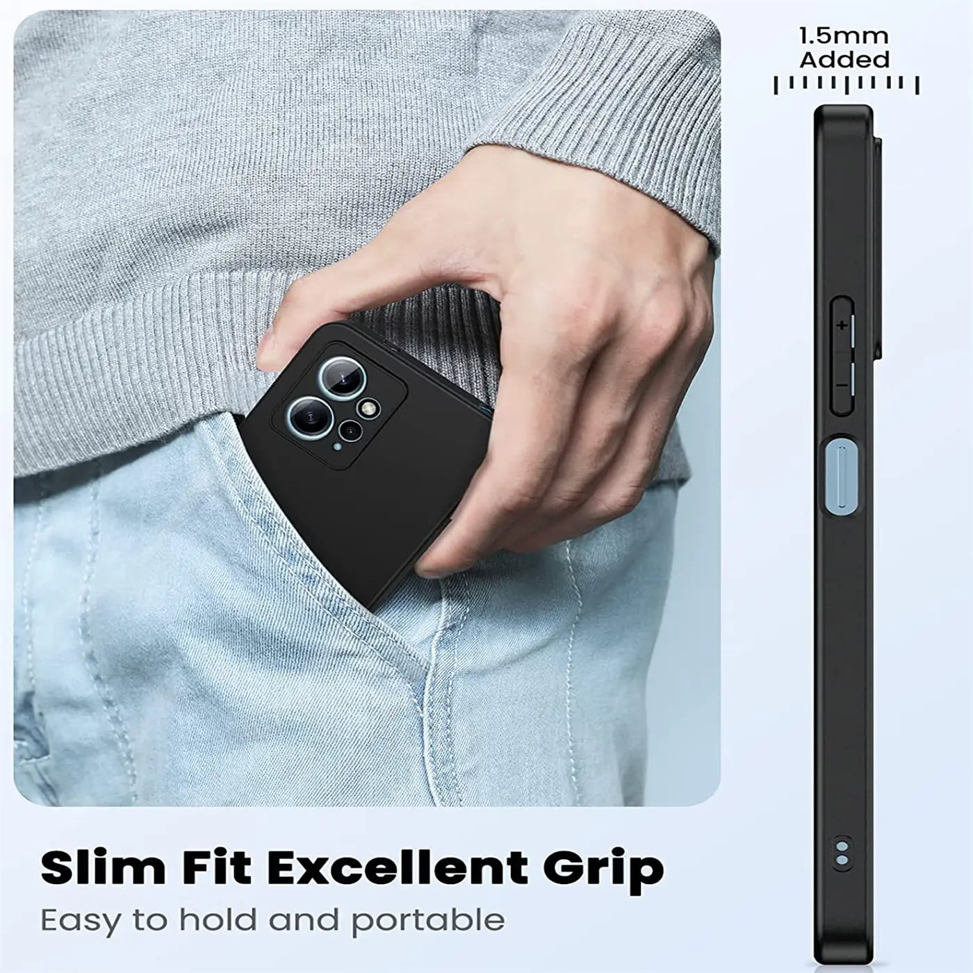 Schwarze Silikonhülle matt, von der Seite, mit Xiaomi Redmi Note 12 4G