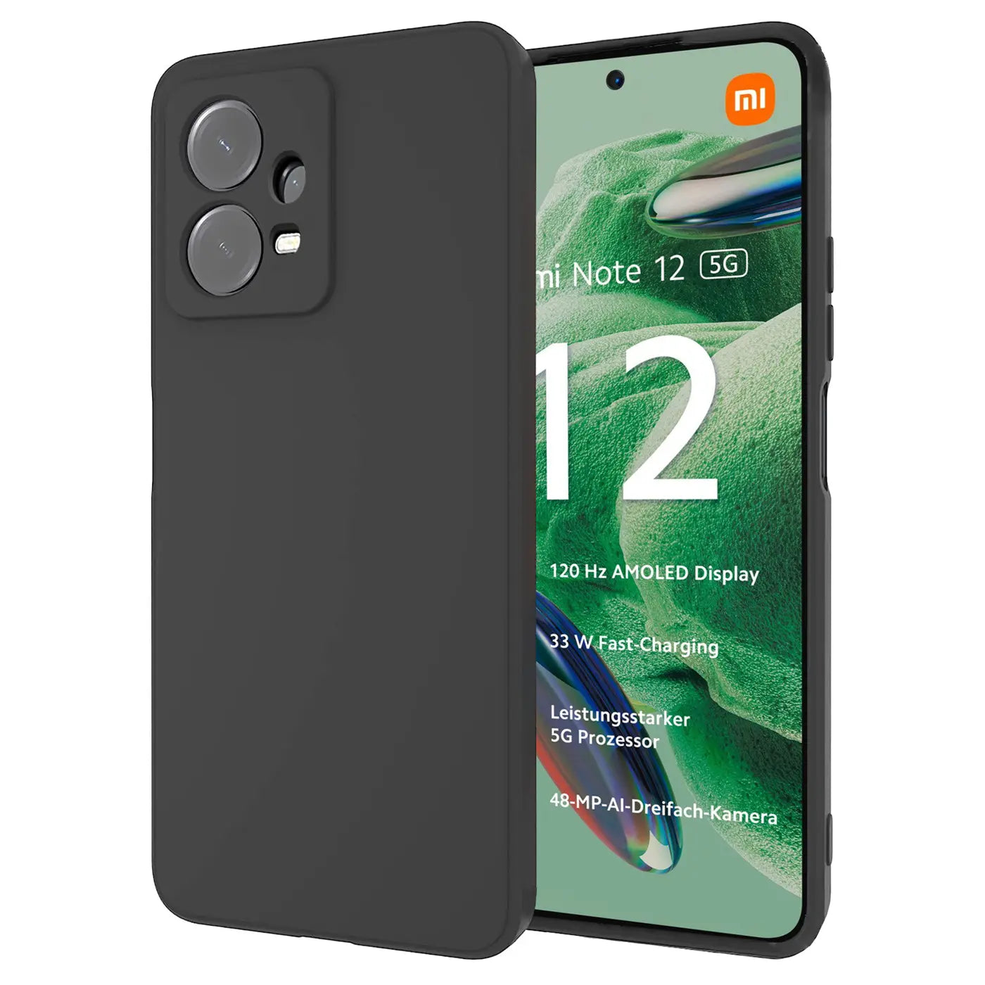 Schwarze Silikonhülle mit Kameraaussparung, seitliche Ansicht, neben Xiaomi Redmi Note 12 5G.