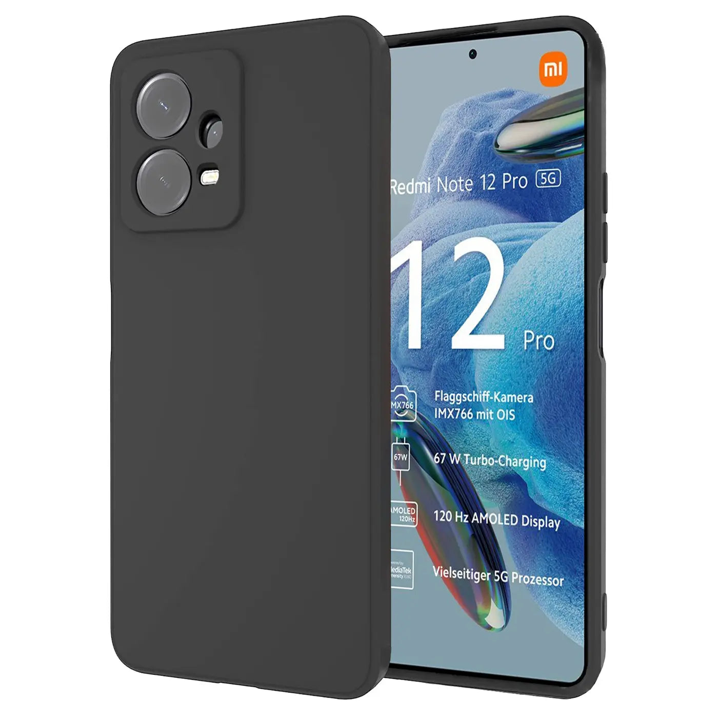 Schwarze Silikonhülle auf Xiaomi Redmi Note 12 Pro 5G, Seitenansicht.