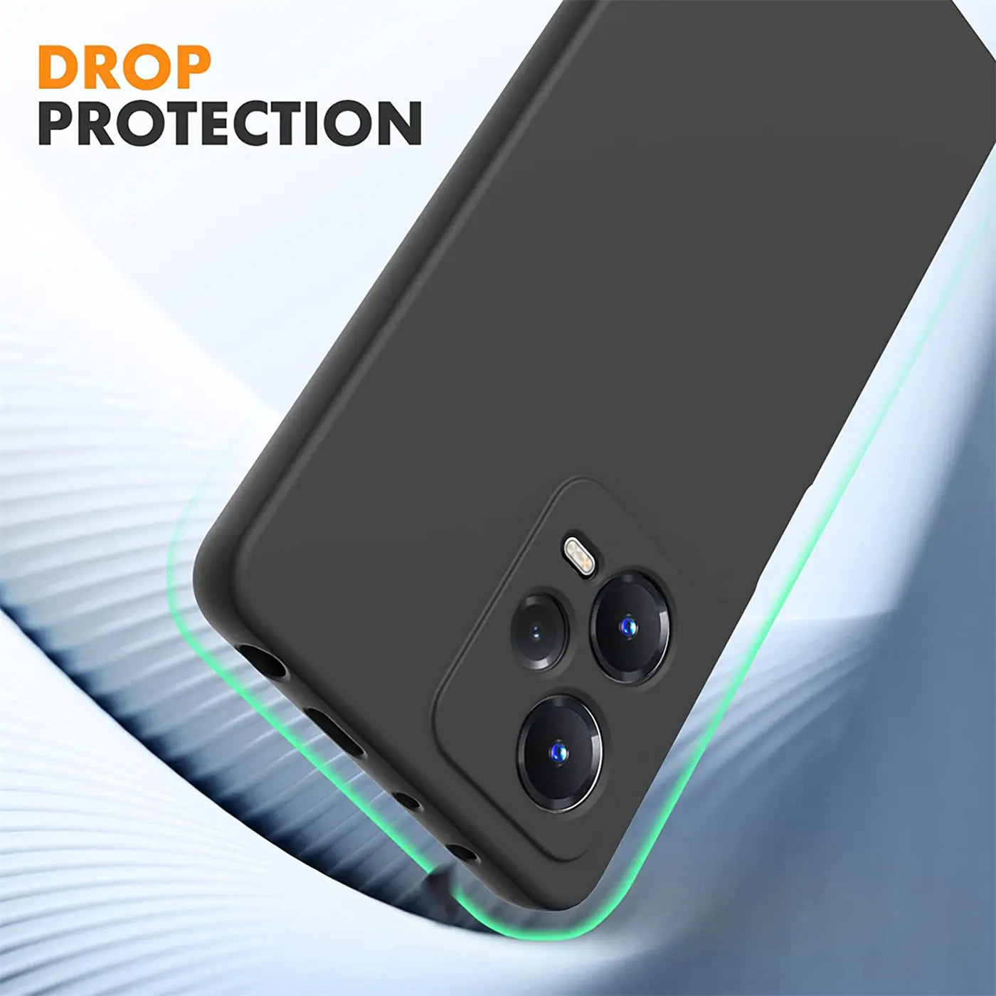 Schwarze, matte Silikonhülle für Xiaomi Redmi Note 12 Pro 5G, Rückansicht, Nahaufnahme.