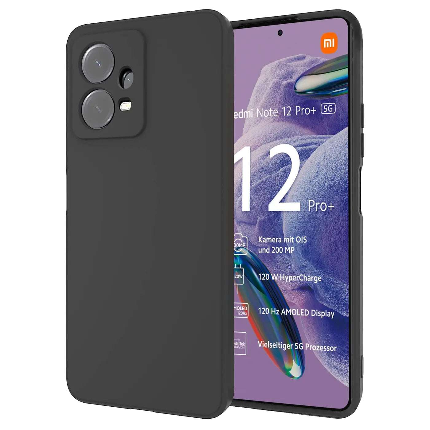 Schwarze Silikonhülle auf Xiaomi Redmi Note 12 Pro+ 5G, von vorne links