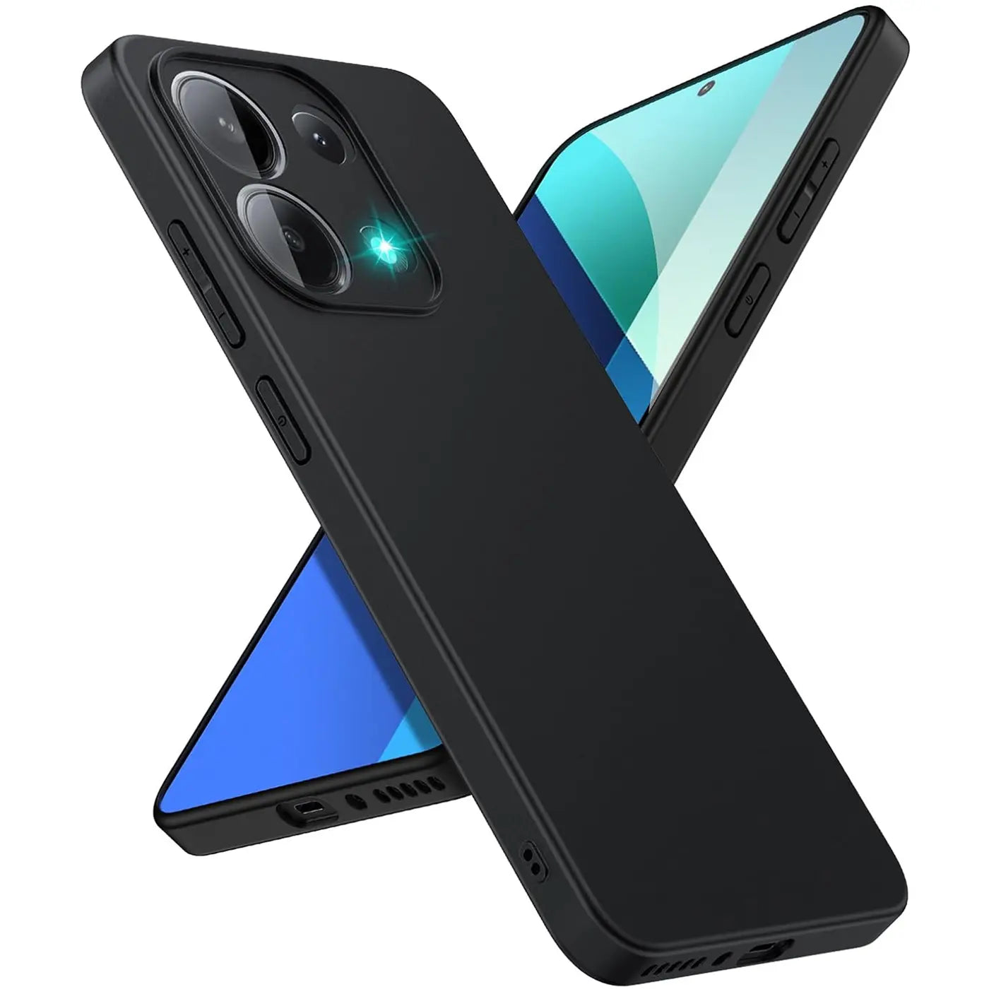 Schwarze Silikonhülle, matt, von vorne links, mit Xiaomi Redmi Note 13 4G