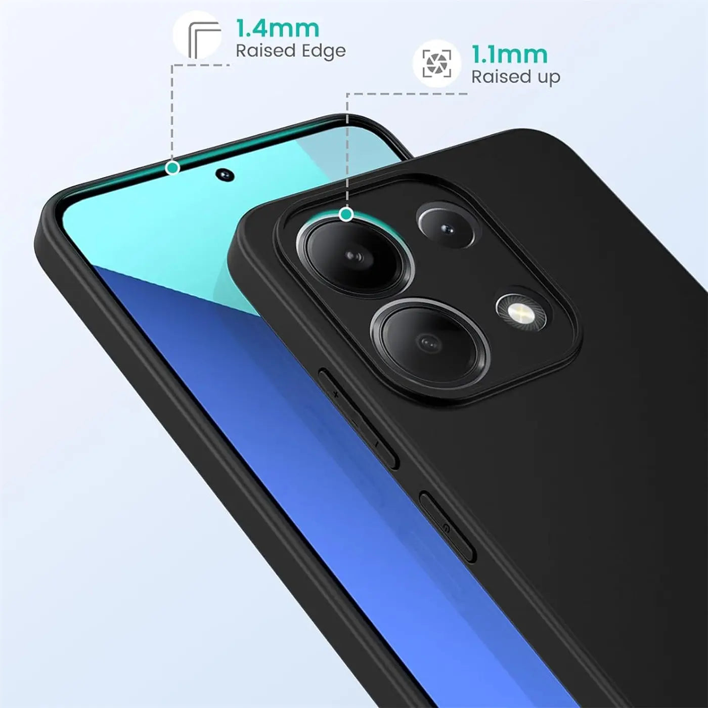 Schwarze, matte Silikonhülle auf Xiaomi Redmi Note 13 4G, Nahaufnahme, von oben links