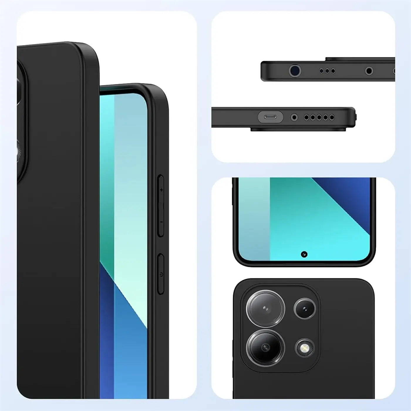 Schwarze Silikonhülle für Xiaomi Redmi Note 13 4G, Seitenansicht, Rückseite, Ober-/Unterseite.