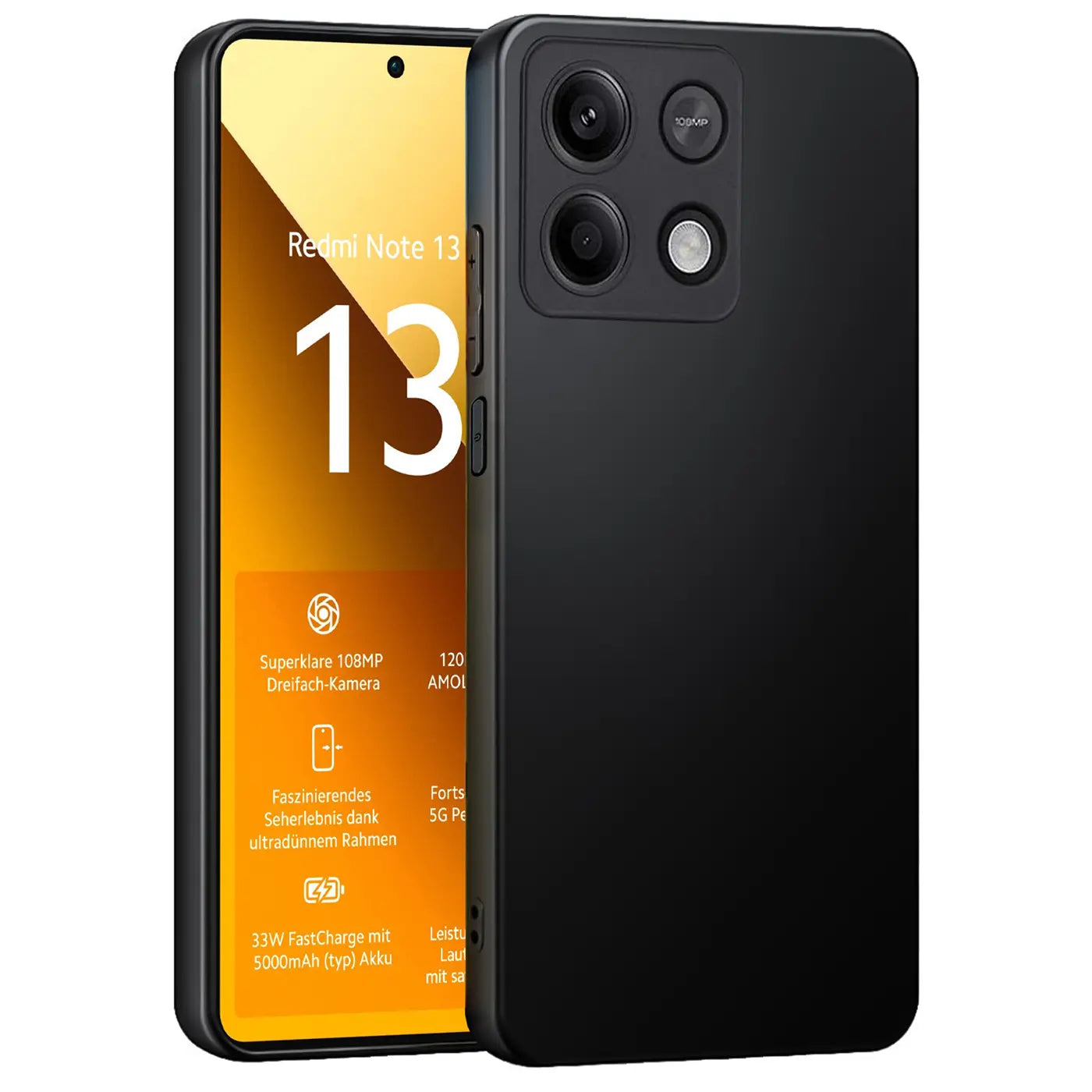 Schwarze matte Silikonhülle auf einem Xiaomi Redmi Note 13 5G, Vorderansicht.