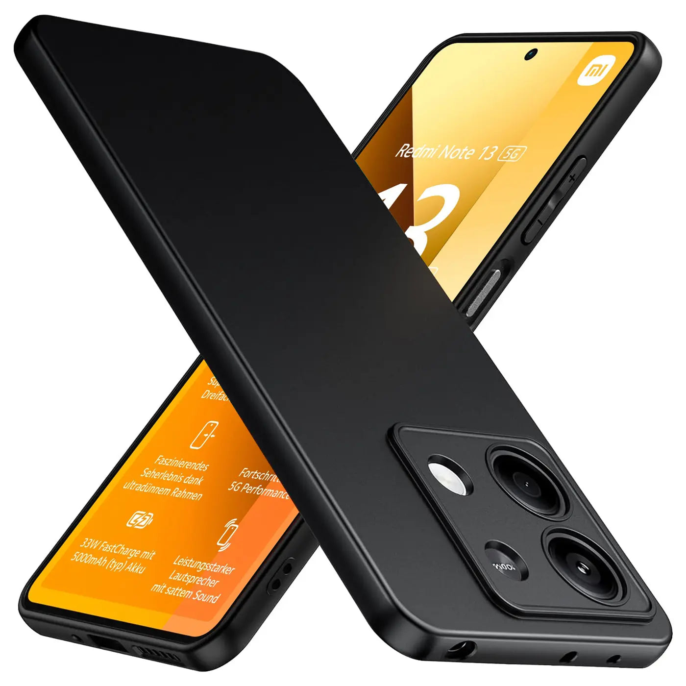 Schwarze Silikonhülle auf Xiaomi Redmi Note 13 5G, von schräg oben