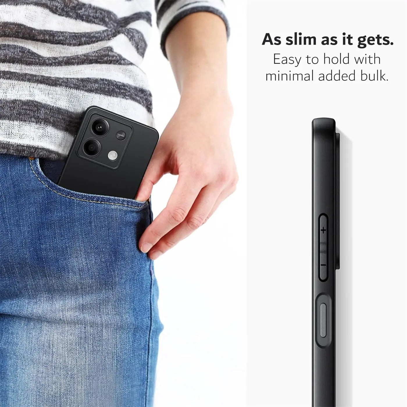 Schwarze, matte Silikonhülle mit Handy (Xiaomi Redmi Note 13 5G) in Jeans-Tasche, Seitenansicht.