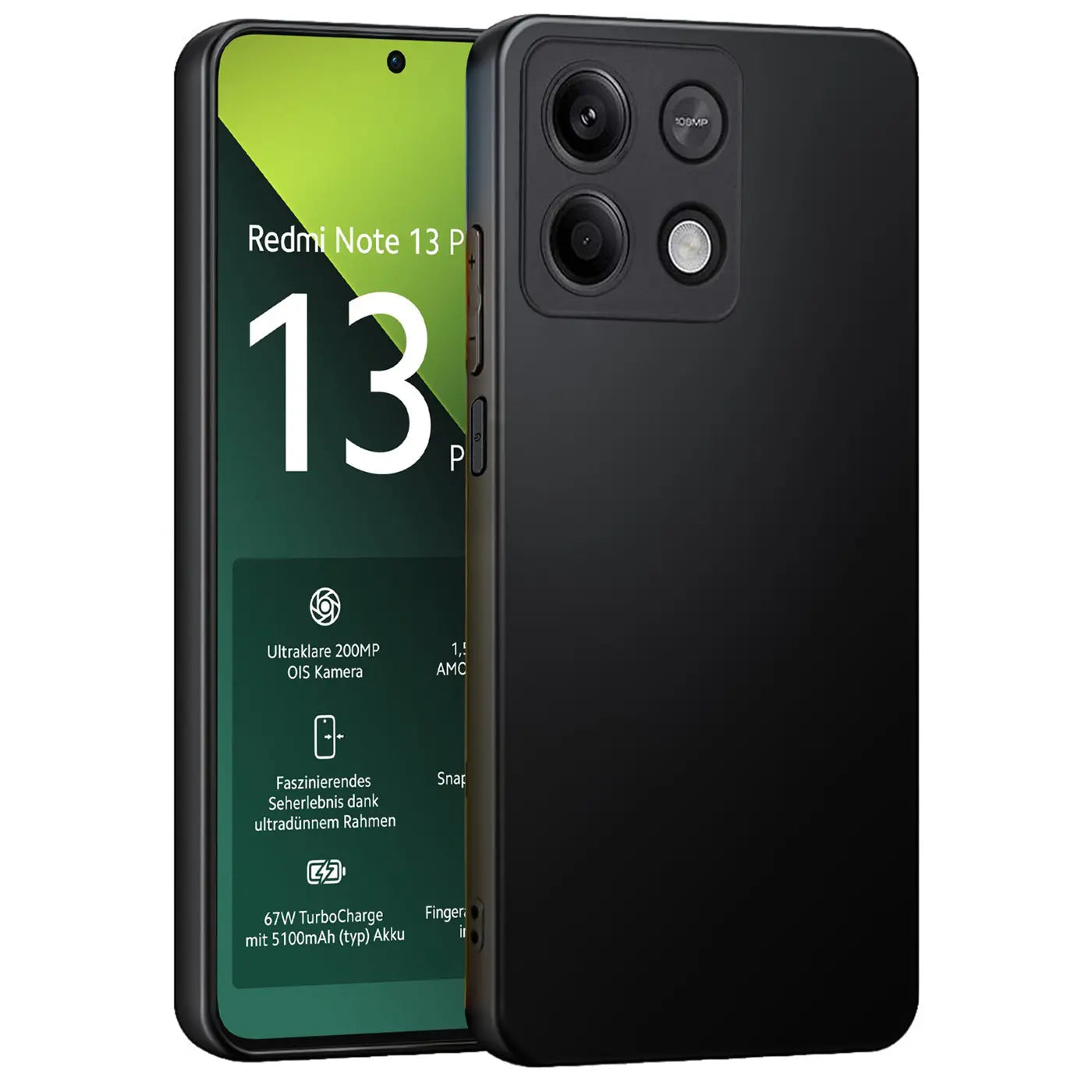 Schwarze matte Silikonhülle auf Xiaomi Redmi Note 13 Pro 5G, Seitenansicht.