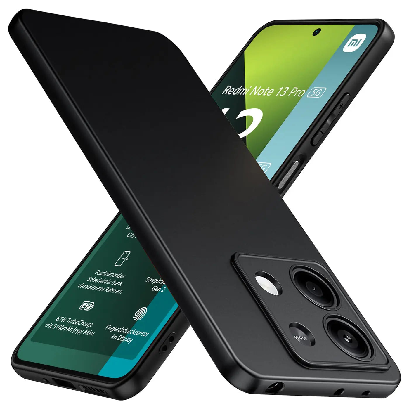 Schwarze matte Silikonhülle für Xiaomi Redmi Note 13 Pro 5G, von vorne/seitlich