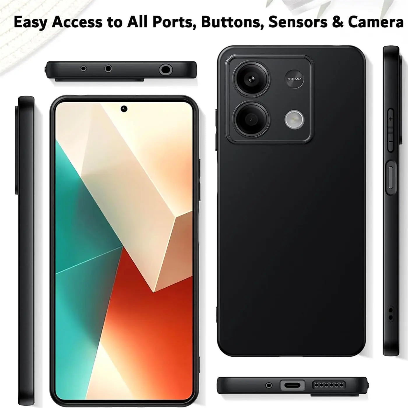 Schwarze Silikonhülle für Xiaomi Redmi Note 13 Pro 5G, verschiedene Ansichten, matt