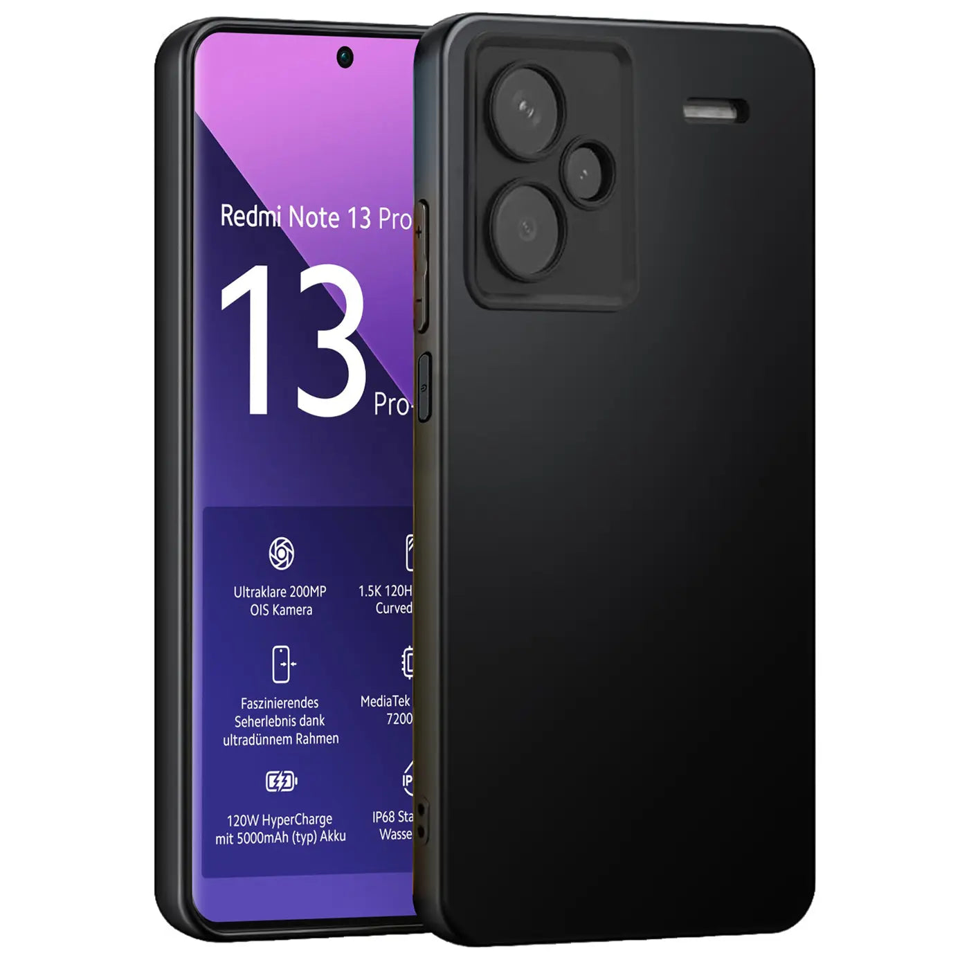 Schwarze matte Silikonhülle auf einem Xiaomi Redmi Note 13 Pro+ 5G, von vorne links gesehen.