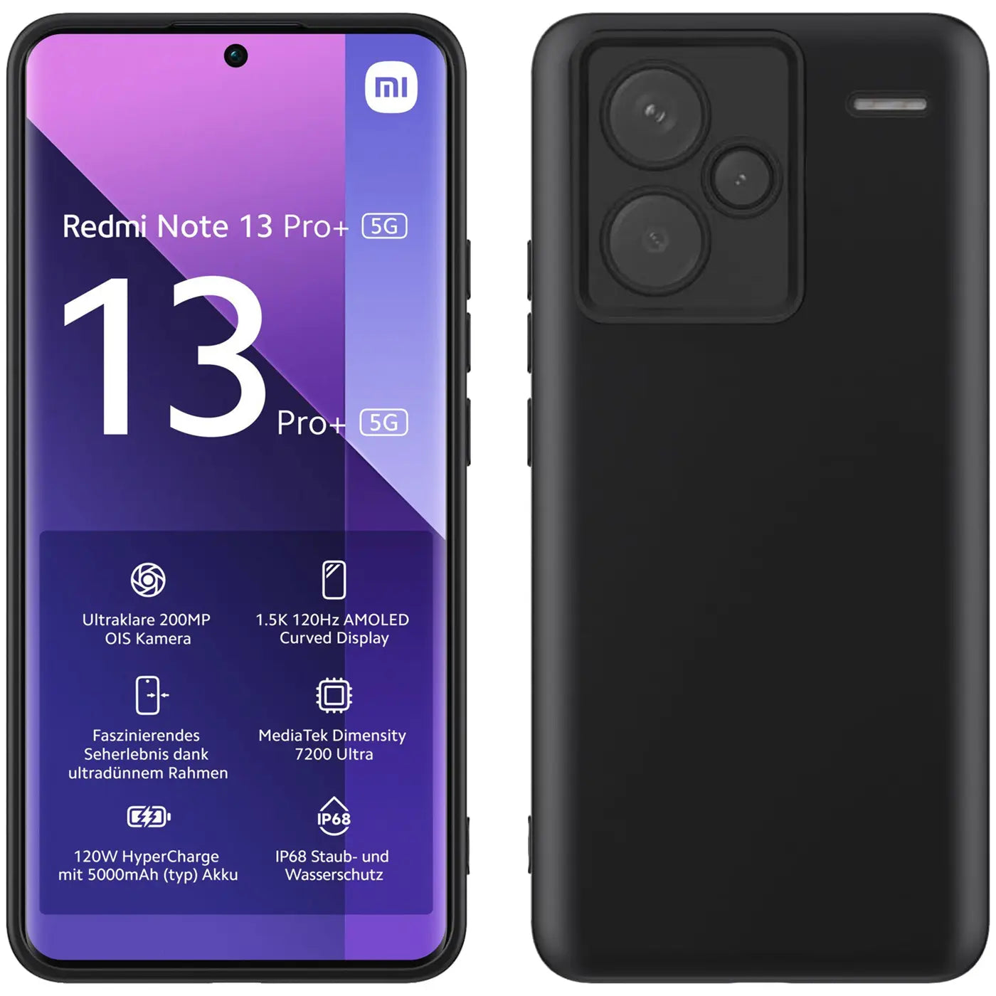 Xiaomi Redmi Note 13 Pro+ 5G mit schwarzer Silikonhülle, Vorder- und Rückansicht.