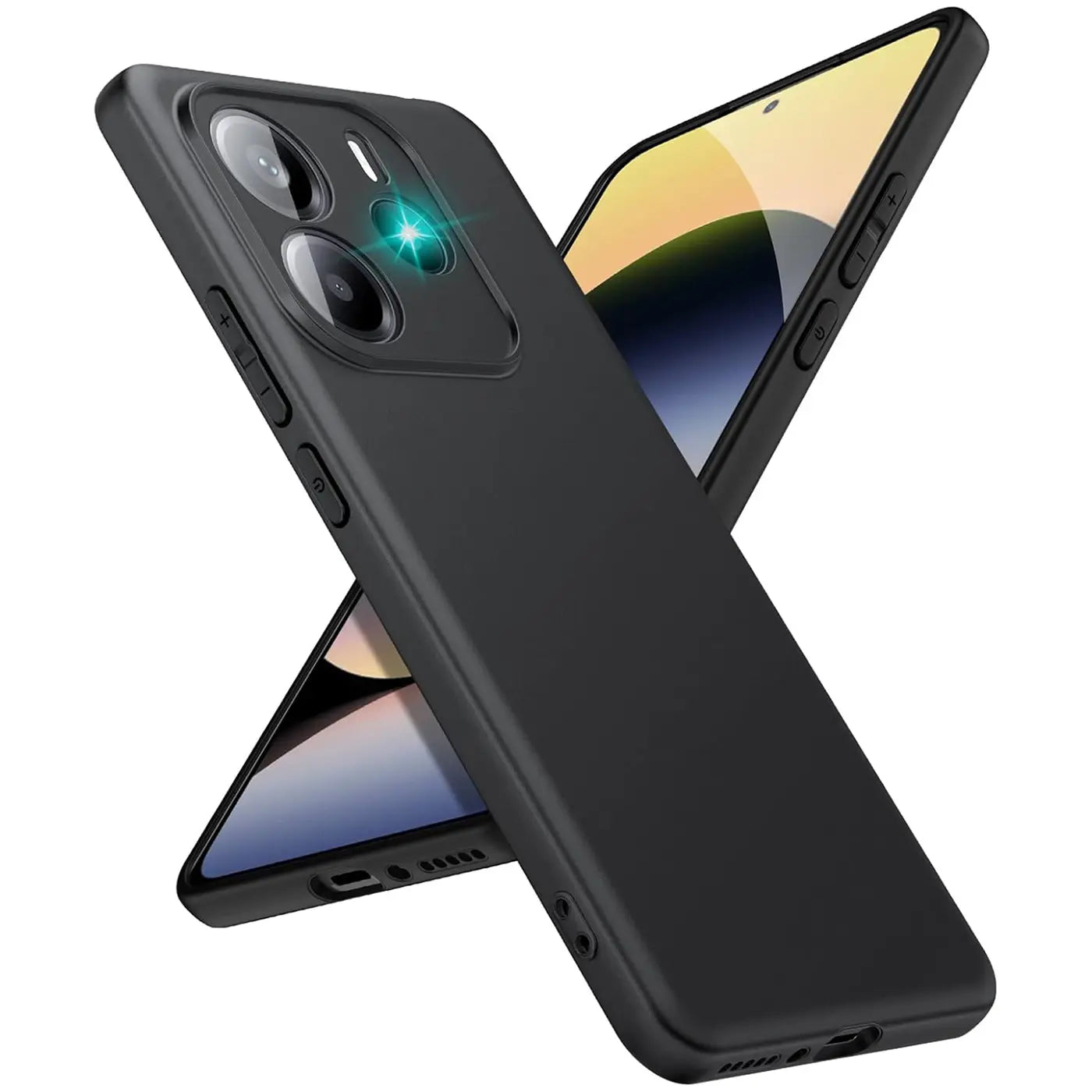 Schwarze Silikonhülle, matt, schräg von oben, Xiaomi Redmi Note 14 4G.