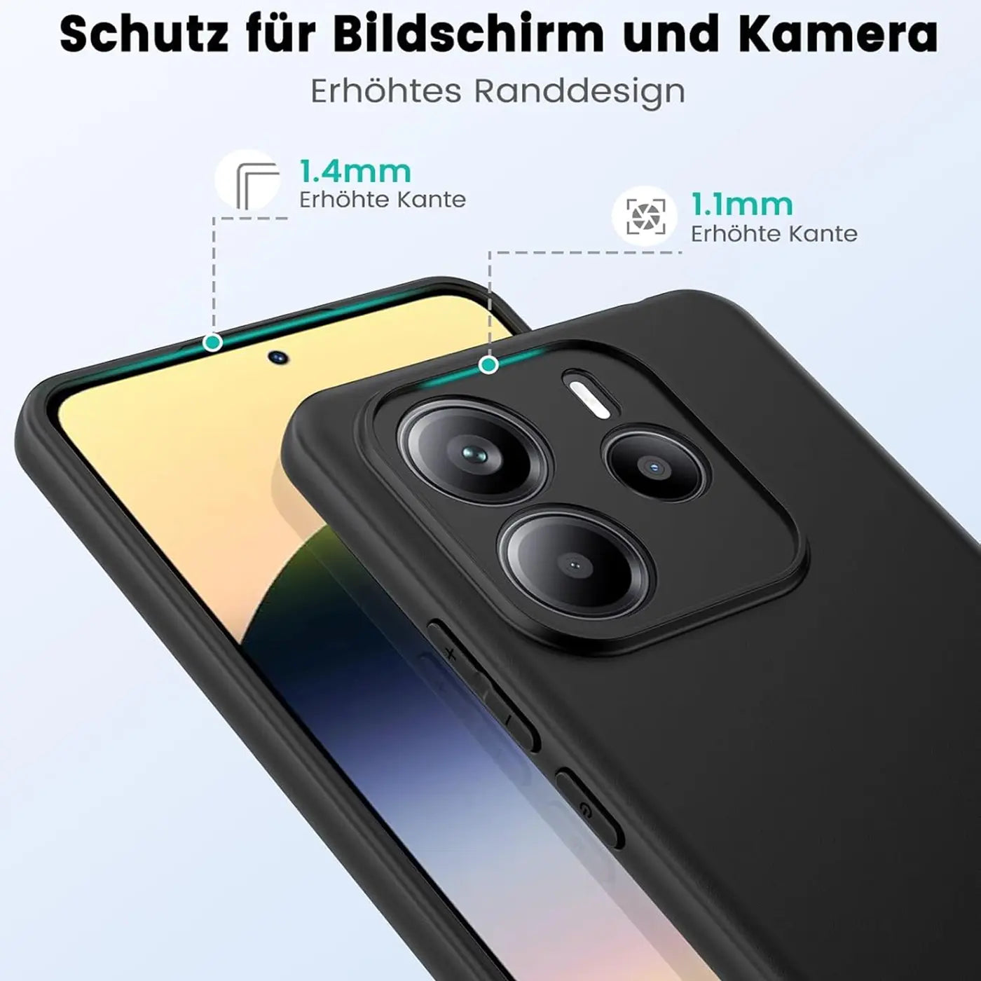 Schwarze matte Silikonhülle auf Xiaomi Redmi Note 14 4G, Nahaufnahme, Seitenansicht.