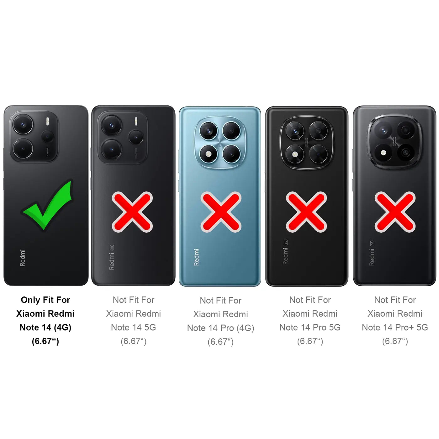 Schwarze Silikonhülle, Rückansicht, zeigt grünen Haken neben Xiaomi Redmi Note 14 (4G).