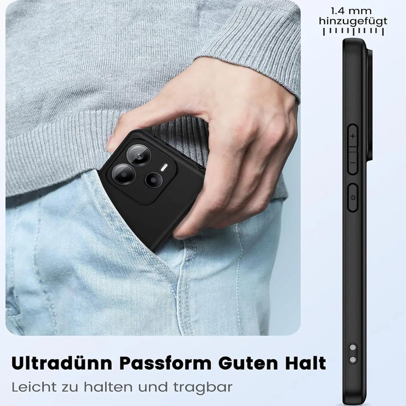 Schwarze Silikonhülle für Xiaomi Redmi Note 14 5G, von der Seite und von vorne in einer Hosentasche.