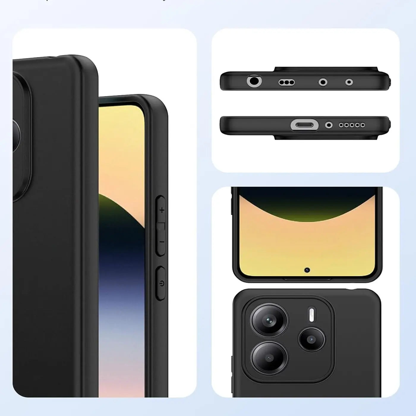 Schwarze Silikonhülle für Xiaomi Redmi Note 14 5G, Seitenansicht und Rückseite.
