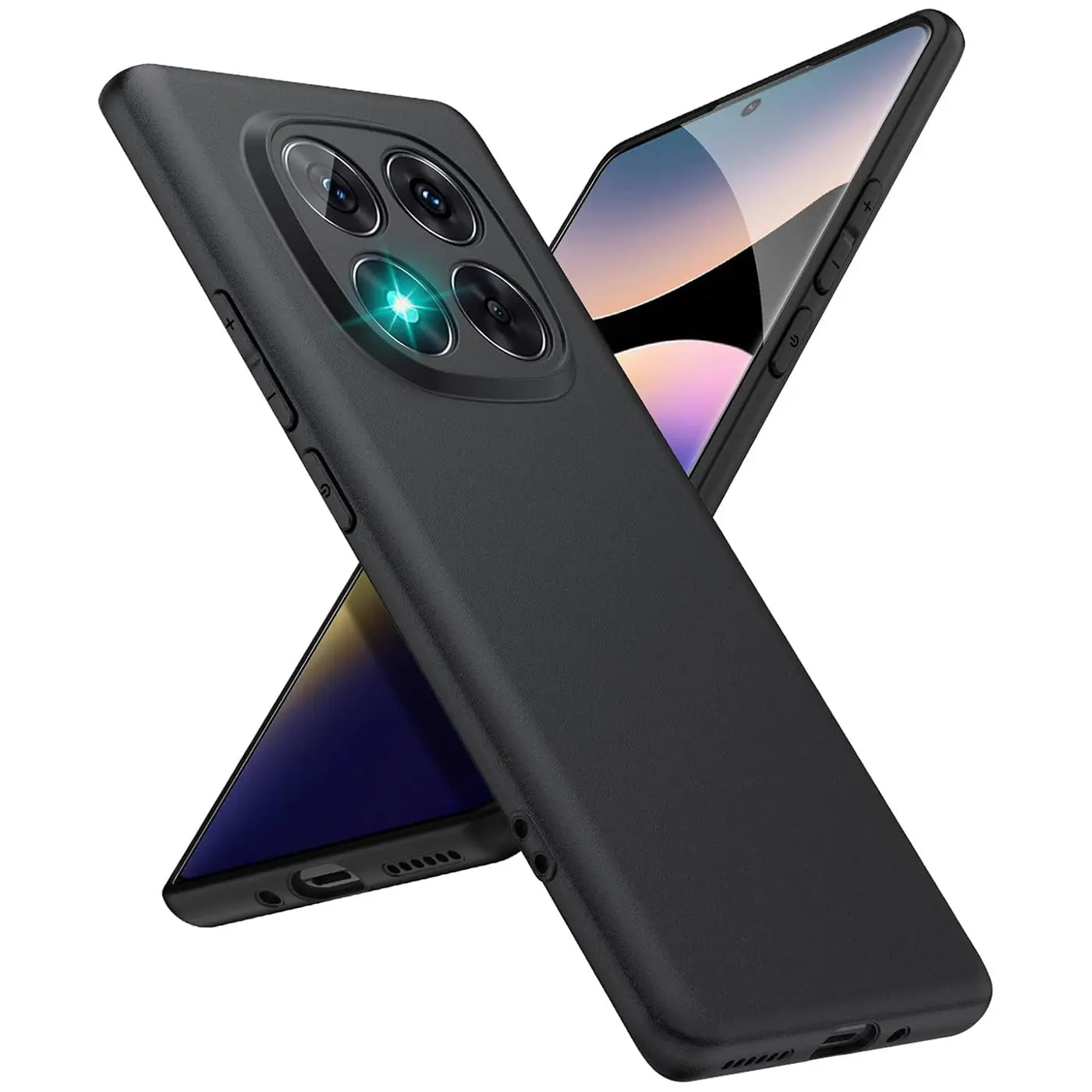 Schwarze Silikonhülle auf einem Smartphone, Rückansicht, Nahaufnahme.