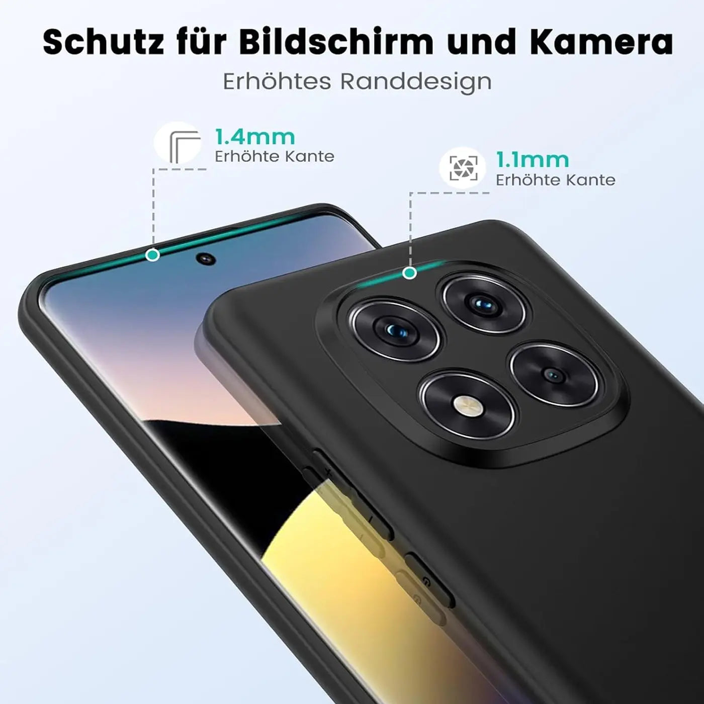 Schwarze Silikonhülle auf Xiaomi Redmi Note 14 Pro 5G, Nahaufnahme, Rückseite mit Kamera
