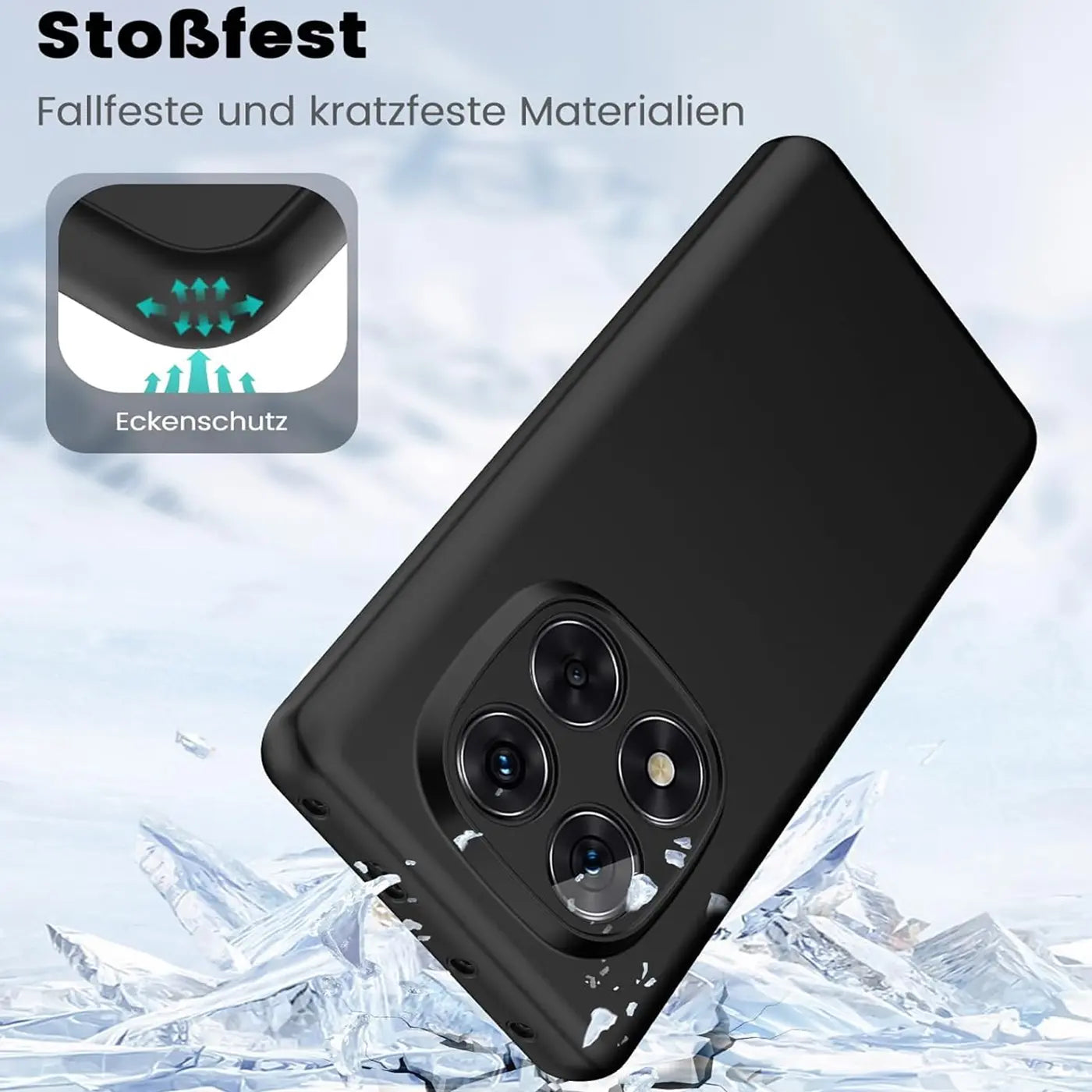 Schwarze Silikonhülle für ein Smartphone, von oben links, mit Kamera-Ausschnitt.