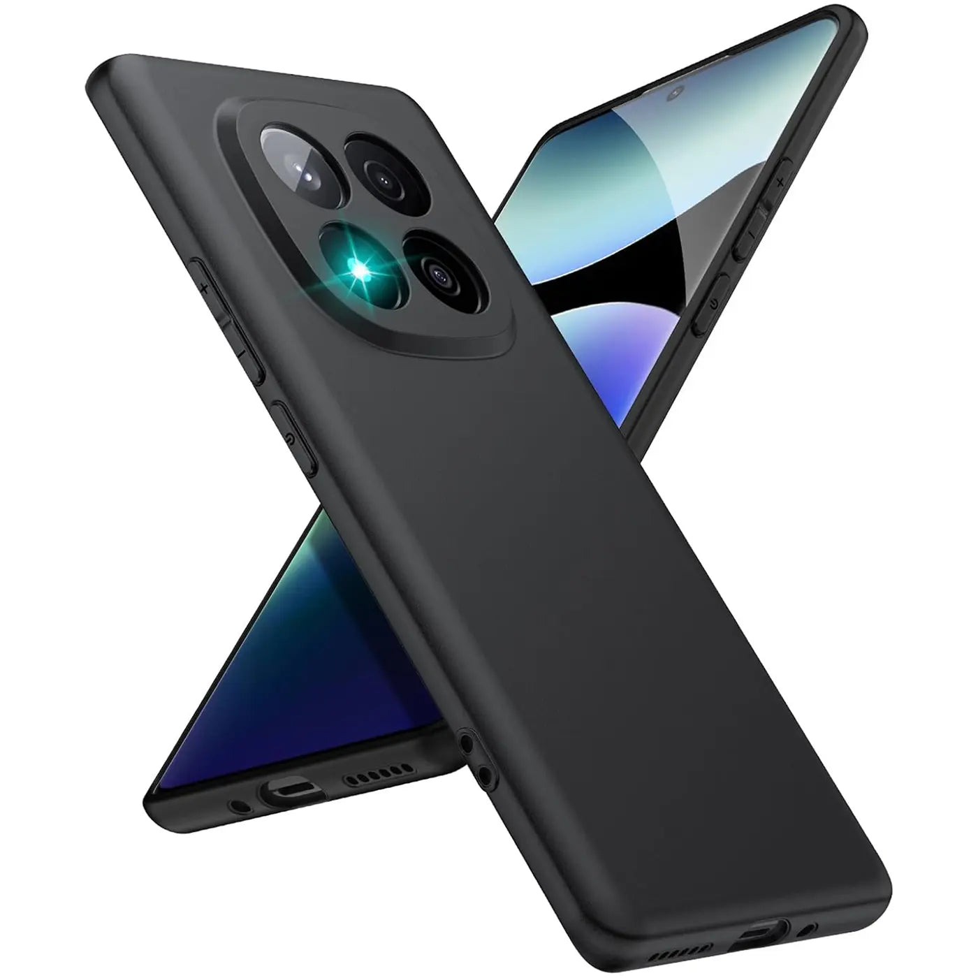 Schwarze Silikonhülle, matt, von schräg oben, zeigt Kamera-Array, Xiaomi Redmi Note 14 Pro+ 5G.