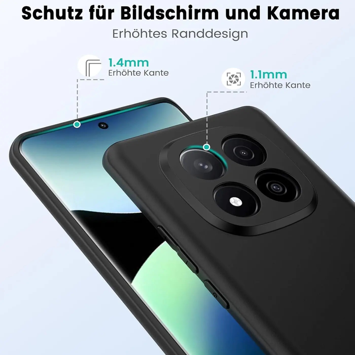 Schwarze Silikonhülle auf Xiaomi Redmi Note 14 Pro+ 5G, Nahaufnahme, Rückseite, erhöhter Rand