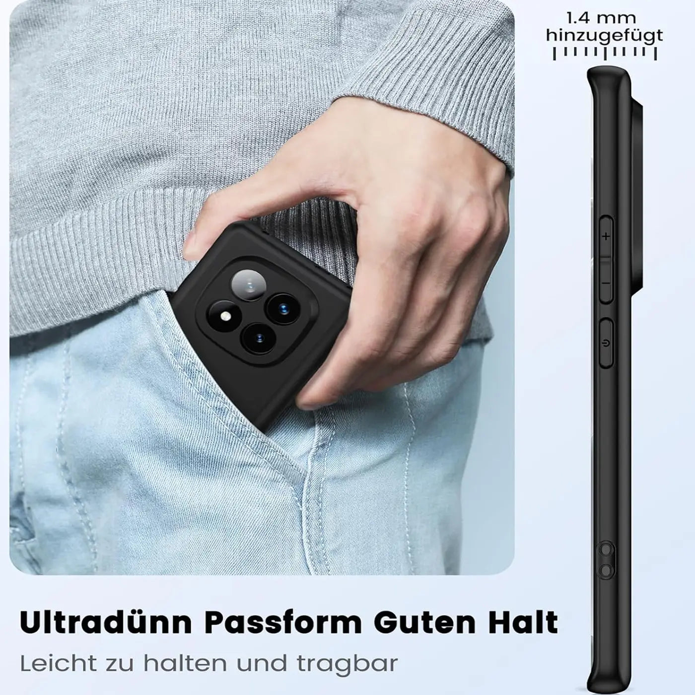 Schwarze Silikonhülle, matt, von der Seite und von vorne gezeigt, am Handy.