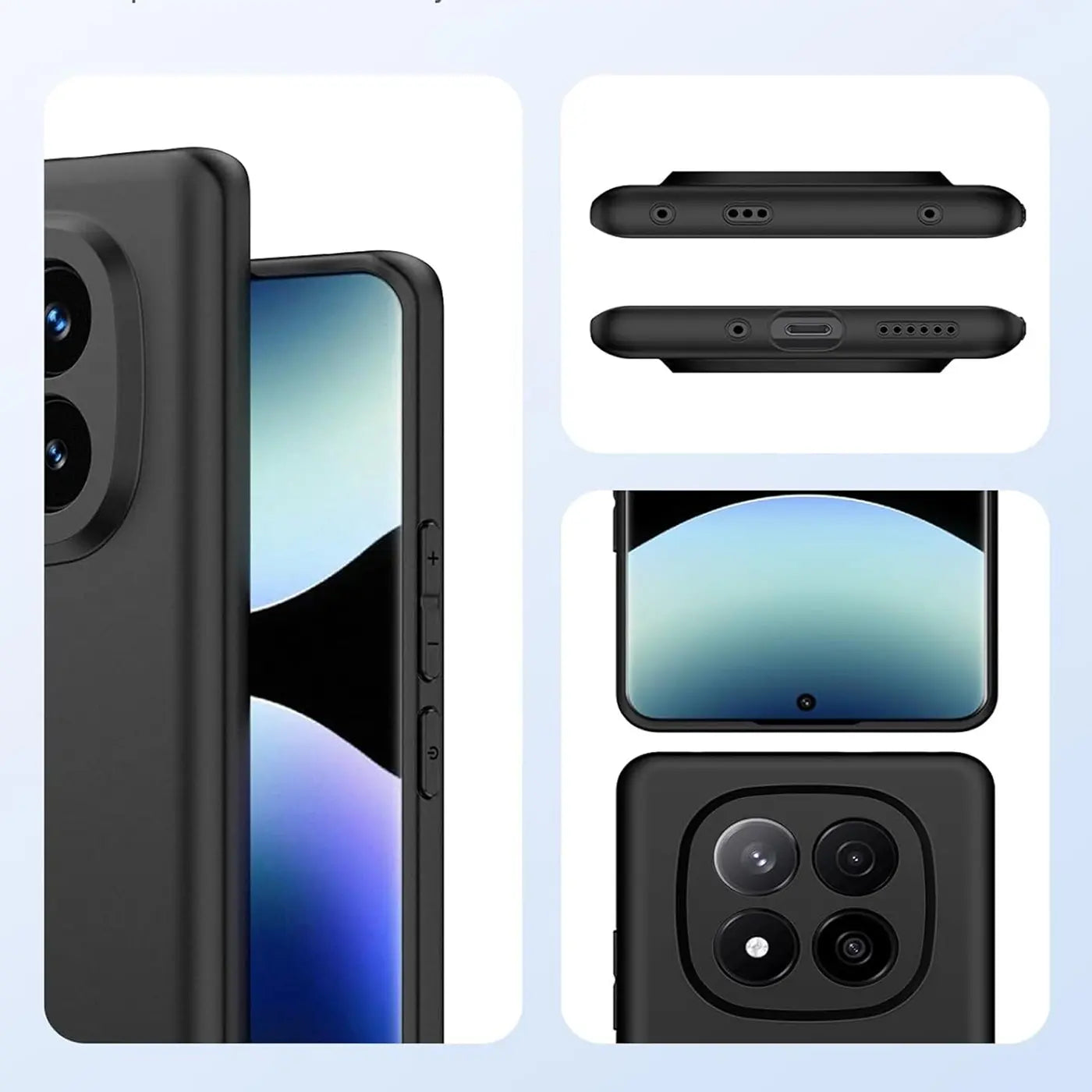 Schwarze Silikonhülle, matt, seitliche Ansicht und Rückseite, zeigt Xiaomi-Telefon