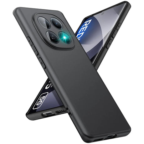 Schwarze matte Silikonhülle auf einem Xiaomi Redmi Note 15 5G, Seitenansicht.