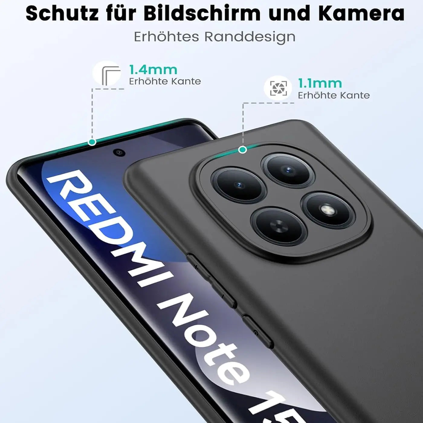 Schwarze, matte Silikonhülle auf einem Xiaomi Redmi Note 15 5G, von schräg oben gezeigt.