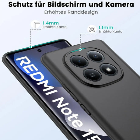 Schwarze, matte Silikonhülle auf einem Xiaomi Redmi Note 15 5G, von schräg oben gezeigt.