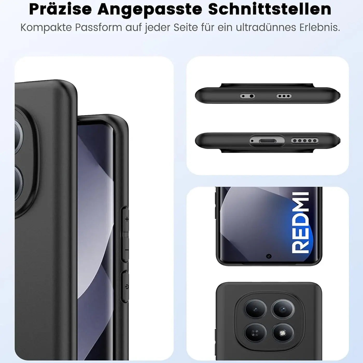 Schwarze Silikonhülle für Xiaomi Redmi Note 15 5G, Seitenansicht und Detailaufnahmen.
