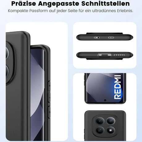 Schwarze Silikonhülle für Xiaomi Redmi Note 15 5G, Seitenansicht und Detailaufnahmen.